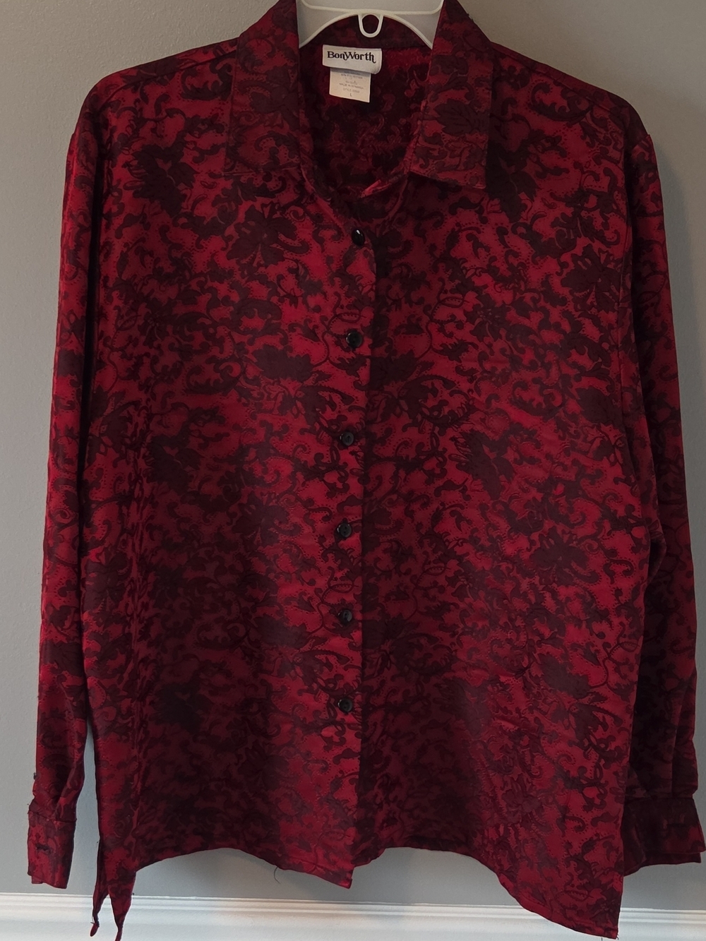 BonWorth Red Black Floral Patterned Button-Up Long Sleeve Blouse Size L